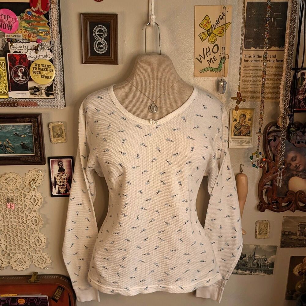 Vintage Floral Thermal Long Sleeve T-Shirt Women's Large White Ditsy Coquette